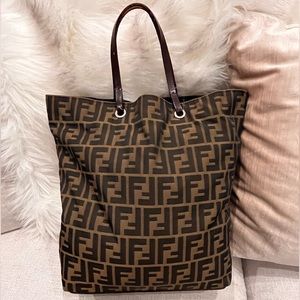 FENDI FF Zucca Canvas Tote Lightweight Brown Leather Trim